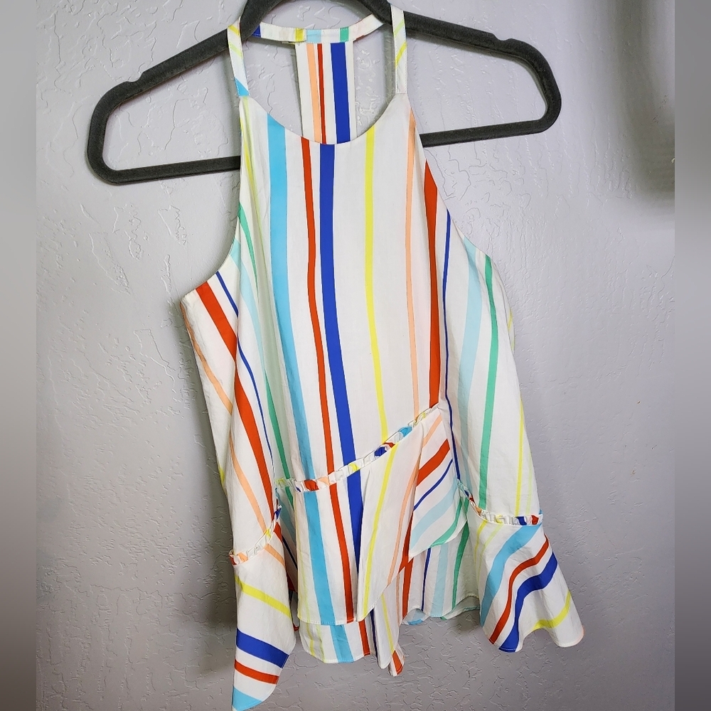 Crosby by Mollie Burch Rainbow Stripe Ruffle Halter Tank Top Size XS
